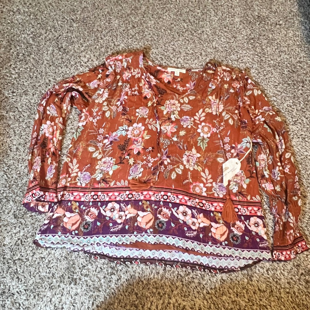 Farmers Market One World Rust Floral Boho‎ Peasant Top Metallic Lurex Tassels L